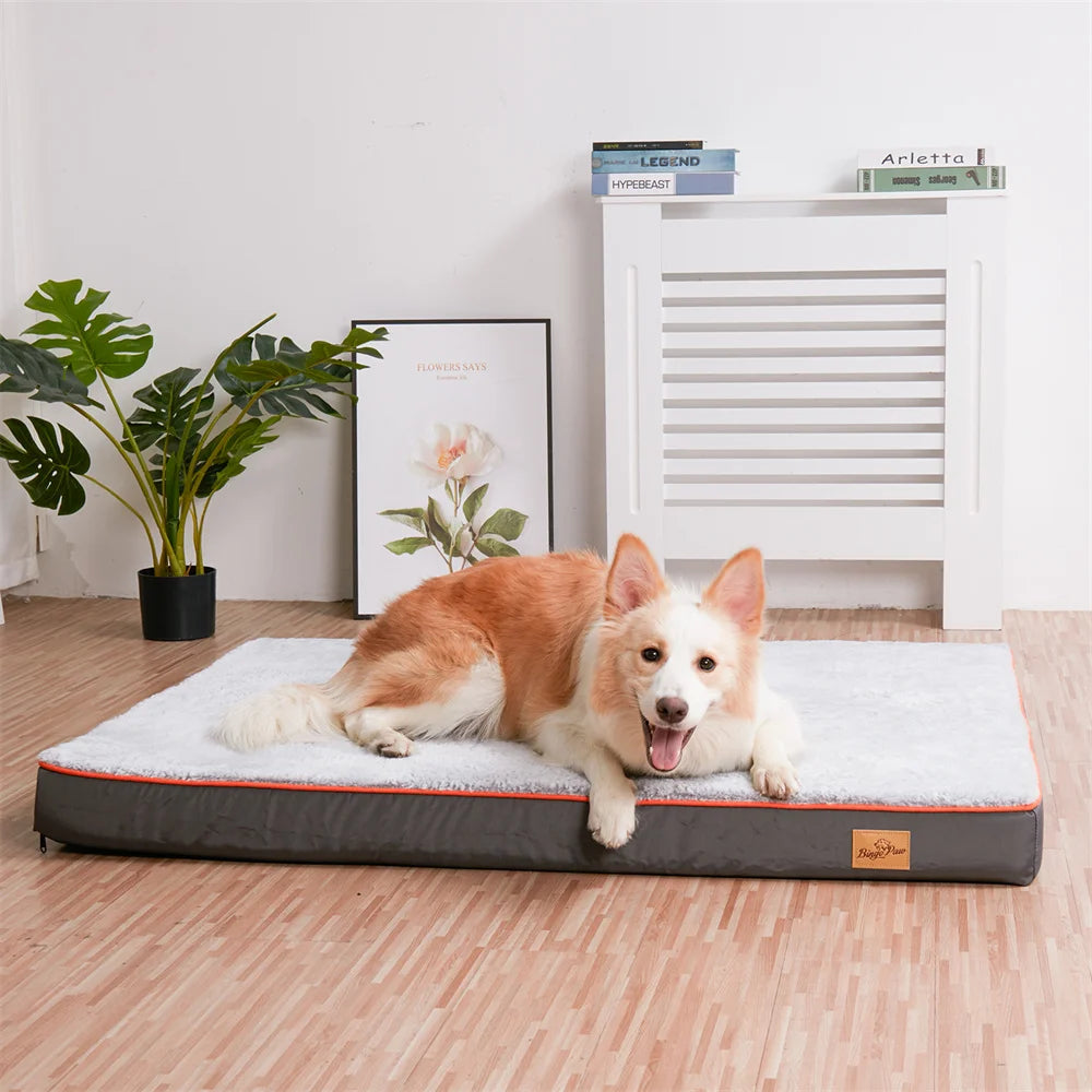 Premium Large Orthopedic Memory Foam Dog Bed Waterproof Pet Dog Crate Jumbo Mattress with Orange Trim Washable Water Resistant