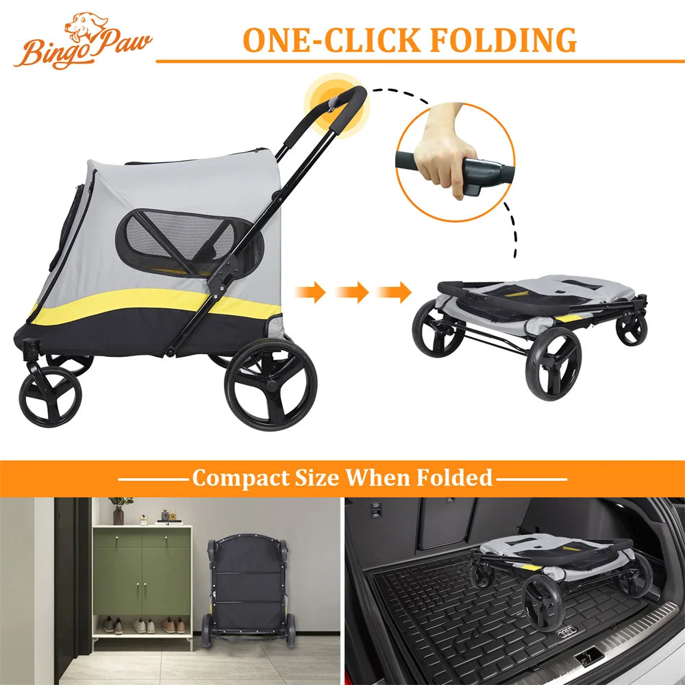 One Click Foldable Dog Stroller Portable Dog Buggy 4 Wheel Pet Stroller Pushchair Travel Carriage Stroller Cart with Rain Cover