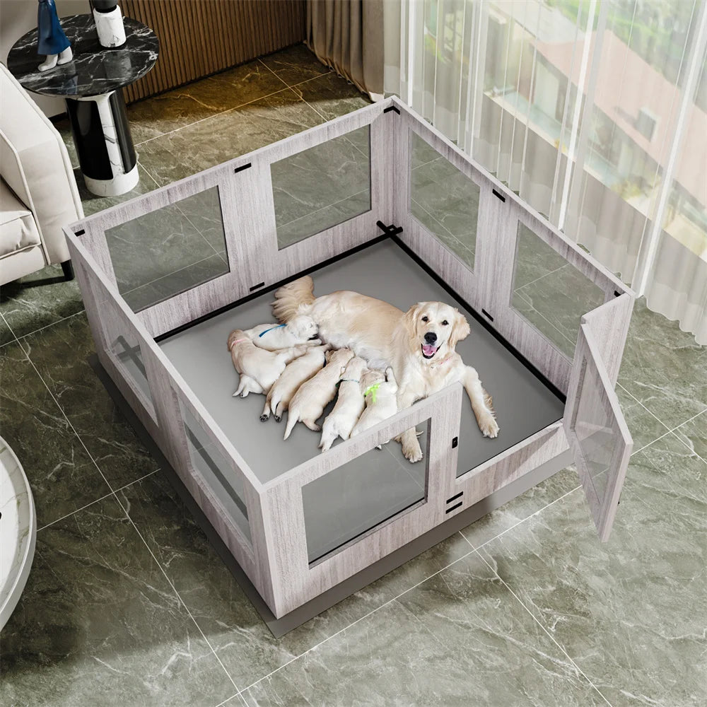 Heavy Duty Dog Whelping Box Indoor Tempered Glass Pet Dog Playpen Kennel Cage Training Enclosure