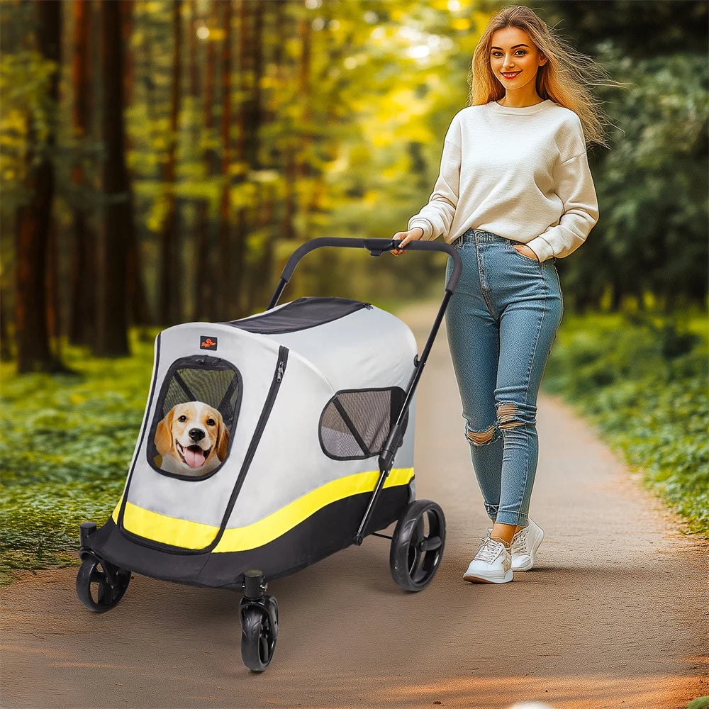 One Click Foldable Dog Stroller Portable Dog Buggy 4 Wheel Pet Stroller Pushchair Travel Carriage Stroller Cart with Rain Cover