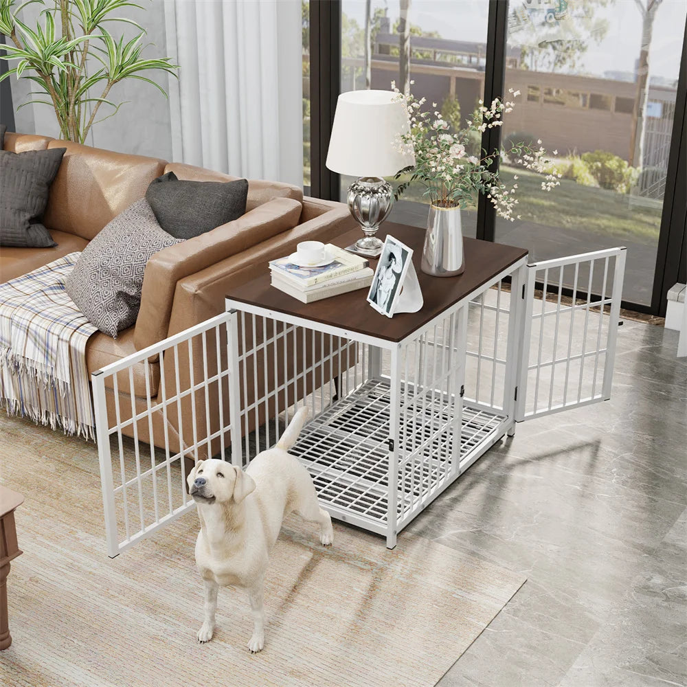 Large Wooden Dog Crate Indoor Furniture Style Elevated Pet Dog Cage Kennel End Table Lattice Playpen with 3 Doors Removable Tray