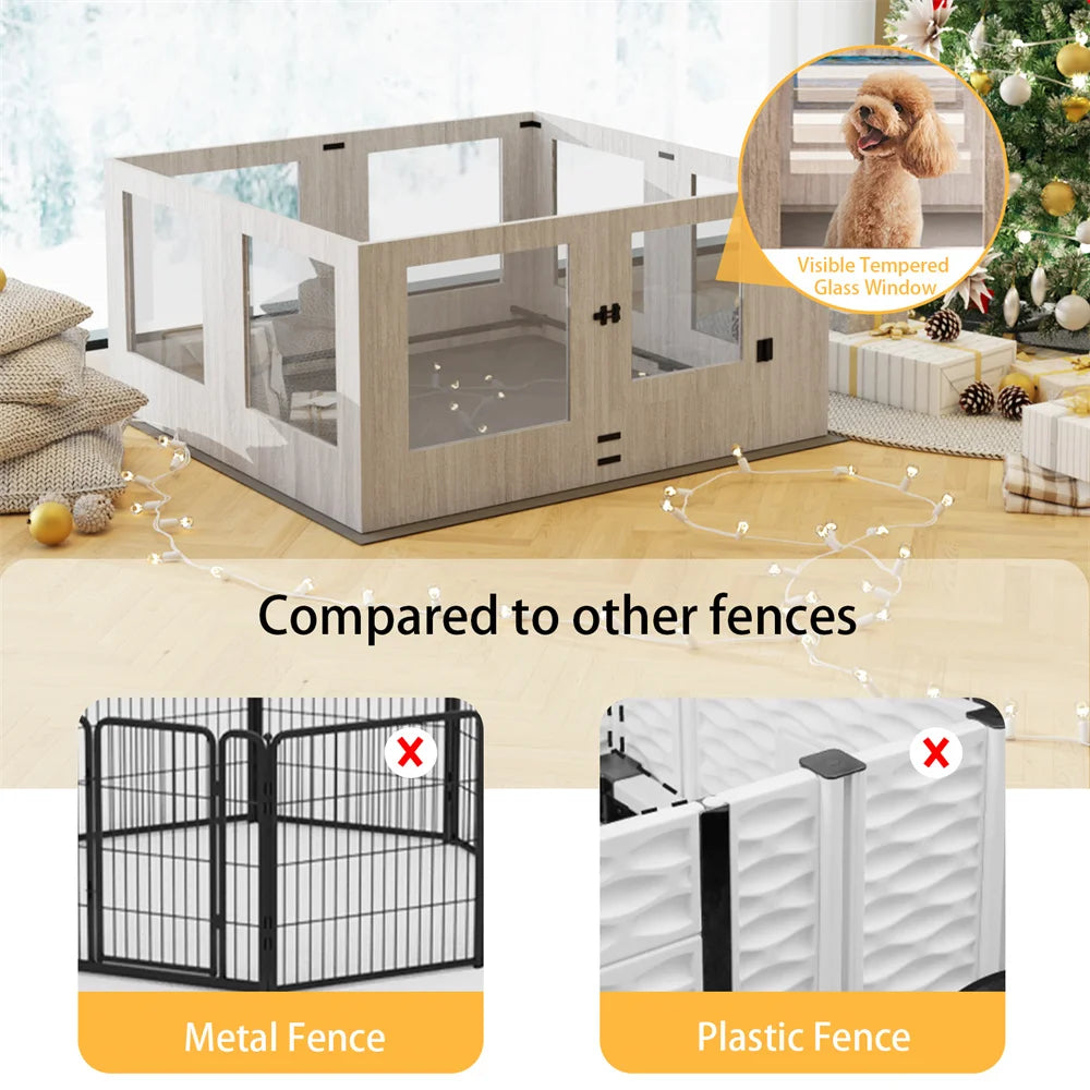 Heavy Duty Dog Whelping Box Indoor Tempered Glass Pet Dog Playpen Kennel Cage Training Enclosure