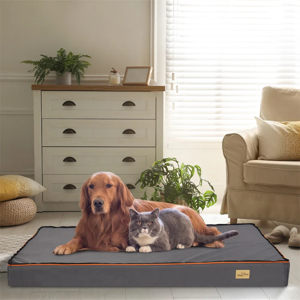 Premium Large Orthopedic Memory Foam Dog Bed Waterproof Pet Dog Crate Jumbo Mattress with Orange Trim Washable Water Resistant